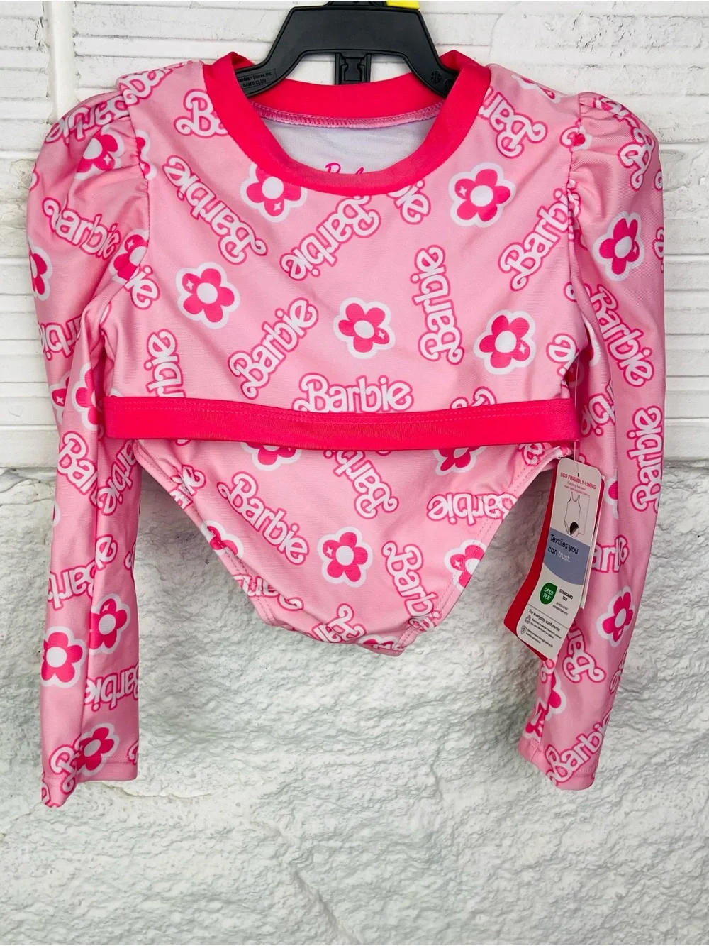 NWT Barbie Pink Floral Logo Long-Sleeve upf 50+ bikini size 3T